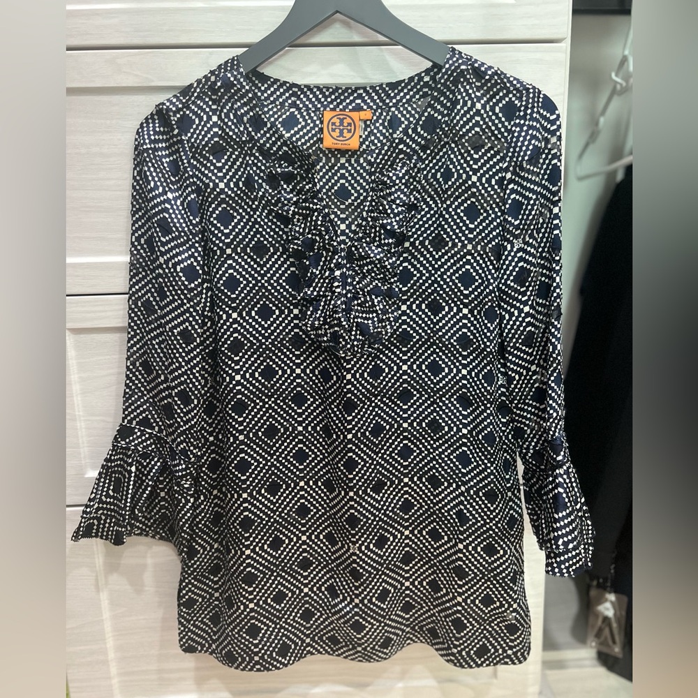 Tory Burch Gwenna Normandy Blue Printed Silk Tunic